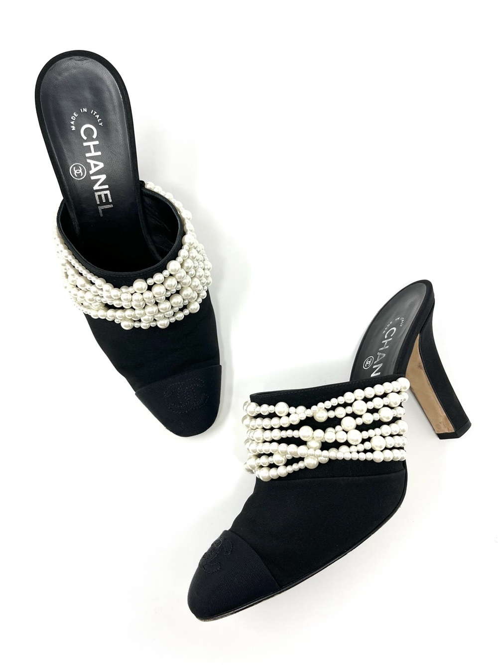 Chanel CC Logo Cap Toe Black Satin With White Pearl Pearls Mules Heels Slides 39